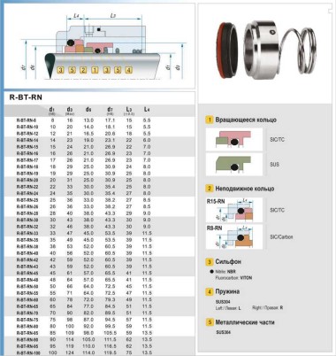 Single mechanical seal R-BT-RN 38, SIC/SIC, VITON, 304, T8RN — SP-Teploobmen
